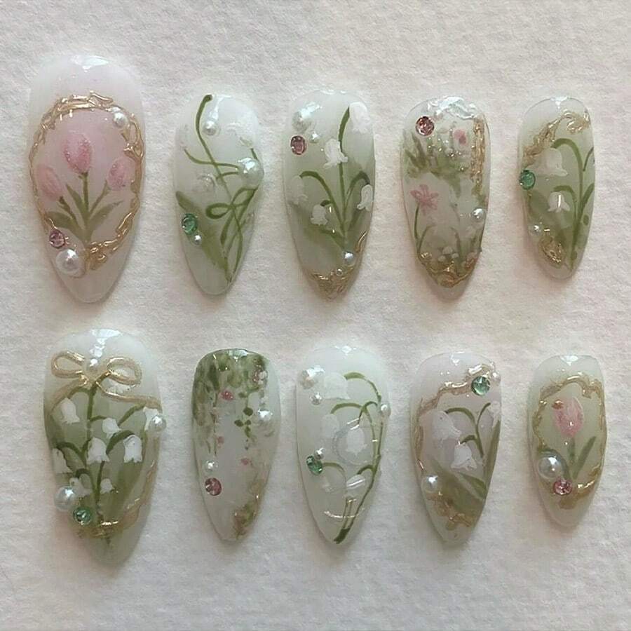 M24Pcs Green Pr On Nails Medium Almond Fake Nails White Pink Flower With Pearl Rhinestones Designs Full Cover Gold French Tip Nails Bow Stick On Nails Handmade False Nails For Women Acrylic Nails8001 - 綠色 - 查看 1