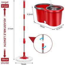 Spin Mop And Bucket Set, 360° Spin Mop And Bucket With Wringer Set And 3 Microfiber Mop Refills, Stainless Steel 61" Extended Handle Spinning Mop Bucket System For Floor Cleaning - Red - View 7