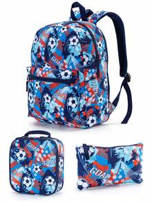 16 英寸/41 厘米 3 件/套儿童男孩女孩足球汽车背包，带午餐盒铅笔盒，带衬垫的背部和可调节的肩带，时尚印花（足球、越野车、建筑卡车图案），适用于学校、露营、休闲卡通背包 - 組合包 - 查看 1