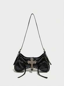 Fashionable Classic Versatile Street Style Y2k Rivet Inlaid Design Spicy Girl Bag, Zipper Opening Motorcycle Style Single Shoulder Baguette Bag, Suitable For Travel, Shopping, Matching With Clothing, Party And Party Use - Black - View 2