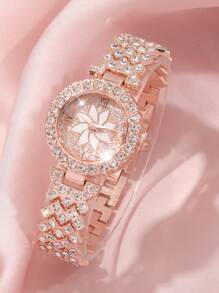 6PCS Ladies' Fashionable And Elegant Quartz Watch Set, High Luxury Full Diamond Round Roman Literal Watch, Paired With Diamond Studded Bracelet Jewelry Set, Suitable For Business, Daily And Party Wear, The Best Gift Set For Ladies.