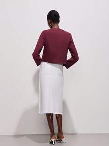 女士优雅休闲粗花呢夹克春秋时尚圆领装饰长袖纯色外套 - 酒紅色 - 查看 2