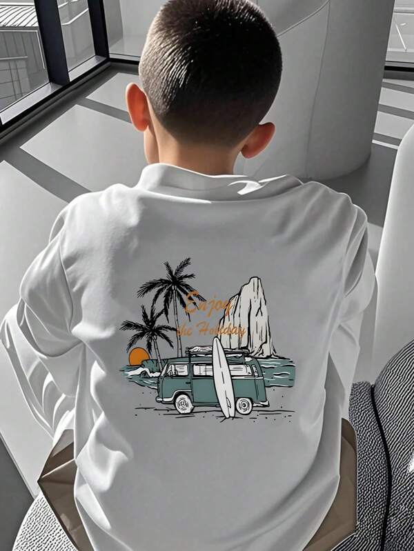 Tween Boy Vintage Car & Palm Tree Print Short Sleeve Casual T-Shirt, Summer