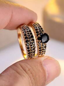 Vanel 1 Pair Luxury Cubic Zirconia Rings, 6-Prong Round Diamond Women Jewelry Gift For Date - Golden Yellow-black - View 4