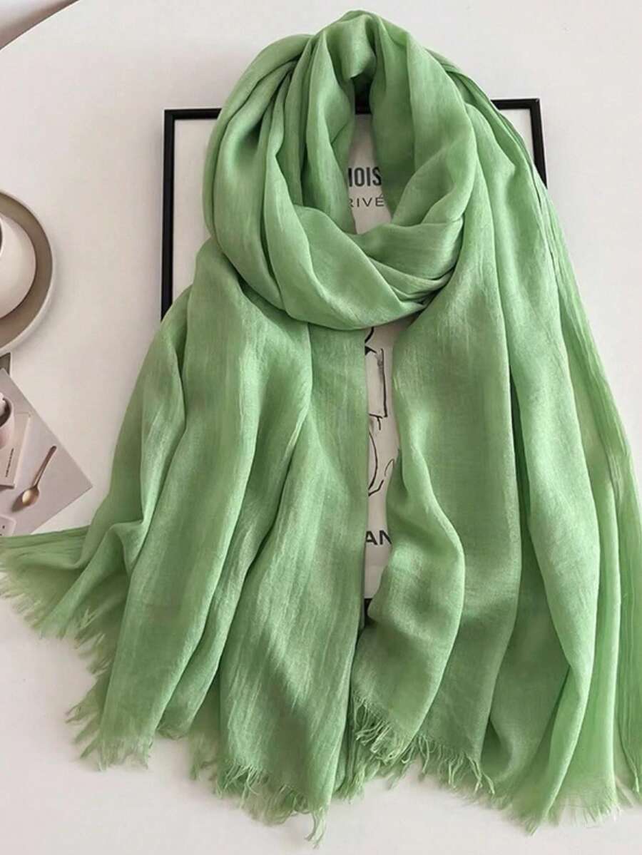 1pc New 120g Faux Linen Solid Color Tassel Scarf Shawl, Travel Gift, Bamboo Knit Wrap For Women - Bean Green - View 1