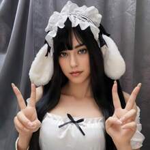 1pc Lolita Rabbit Ear Headband With Bow, Plush Rabbit Ears With Lace Bow, Suitable For Party Costumes, As Gift For Friend's Birthday, Back To School, Thanksgiving Halloween