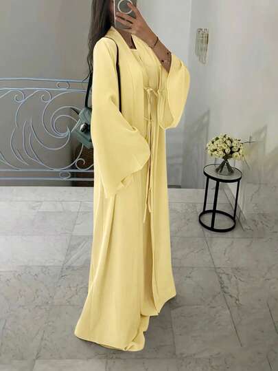 Women's Elegant Sleeveless Robe And Bowknot Long Cardigan Two Pieces Set Eid Spring