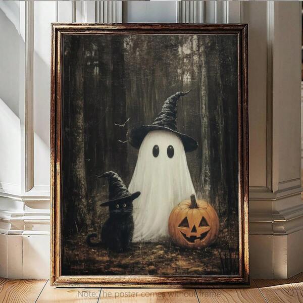 1PC Cute Ghost And Black Cat In Dark Forest Print, Halloween Wall Art To Print, Dark Academia Room For Room, Home Decor, Room Decor Aesthetic, Digital Download, Suitable For Bedroom Decor, Office Decor, Bar Decor Optional Frame, Wall Decor, Modern Home Decor