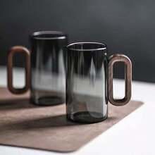 6件套360毫升套装，新颖设计，带木柄，黑色玻璃杯，高硼硅耐热玻璃杯，带手柄，适用于家庭、办公室、客人，大容量茶/水杯 - 黑的 - 查看 2