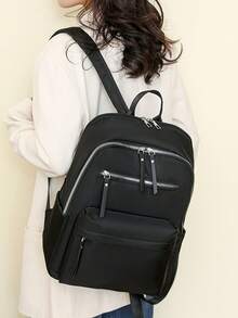 LECEY 女士多功能纯色休闲背包，时尚大容量学院风防水耐用书包，适合初中和高中学生，便携式多隔层包，适合户外、旅行和商务通勤 - 黑色 - 查看 1