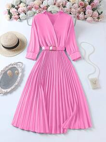 Váy xếp ly màu trơn thắt eo thanh lịch cỡ lớn kèm thắt lưng, váy maxi phong cách cổ điển, phù hợp cho mùa xuân/hè, mùa thu, dạ hội, đám cưới, sinh nhật, trang phục giáo viên - Hồng - Xem 8