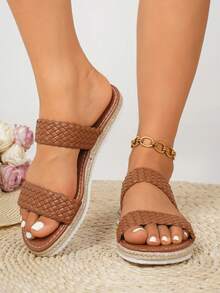 Dép xỏ ngón đế bằng đế bằng xỏ ngón cho nữ, dép xỏ ngón mũi tròn chống trượt, dép xỏ ngón đế bằng ngoài trời cho nữ - màu nâu - Xem 7