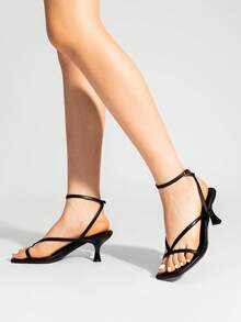 Women's Minimalist Low Kitten Heel Ankle Strap Thong Sandals, Sexy Square Toe Sandals With Fashionable Heel - Black - View 7