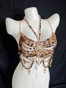 Accessoire de soutien-gorge de chaîne de corps sexy unisexe, élégant pour les boîtes de nuit, les festivals. Losange, imprimé floral, paillettes, romantique français, charme rustique mature, luxueux classique sexy. Perles acryliques à franges, strass, paillettes, romantique français, charme rustique mature, luxueux dos nu à paillettes strass, toutes saisons