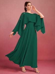 Women's Solid Color Long Elegant Dress With Studded Cape Shoulder, Open Shoulder - Dark Green - View 5