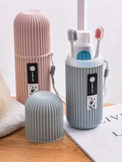 便携式旅行牙刷收纳盒，漱口杯牙膏架，二合一牙刷盒，浴室收纳盒，塑料储物盒，多种颜色可选，方便外出口腔护理，带挂绳，假日旅行必备，浴室配件，旅行必备，适合居家、商务旅行和日常使用，万圣节和圣诞节的绝佳礼物