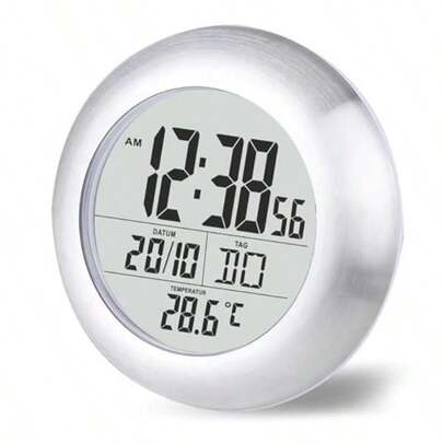 Digital Bathroom Shower Wall Clock Waterproof Spray Moisture Proof Meter Moisture Proof Large Screen Display Calendar Month And Date [4 Strong Suction Cups] Hanging Hole Silver Frame