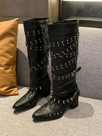 2025 Autumn/Winter Women's Studded Biker Boots With Belt Buckle, Punk Rock Street Style, Pointed Toe Western Cowboy Boots