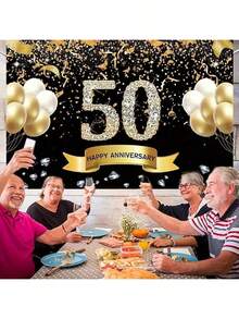 1pc 50th Anniversary Wedding Anniversary Decoration, Black Gold 50th Anniversary Banner Backdrop, Happy 50th Anniversary Party Supplies Decoration Party Banner Photography Background Ground - Multicolor - View 3