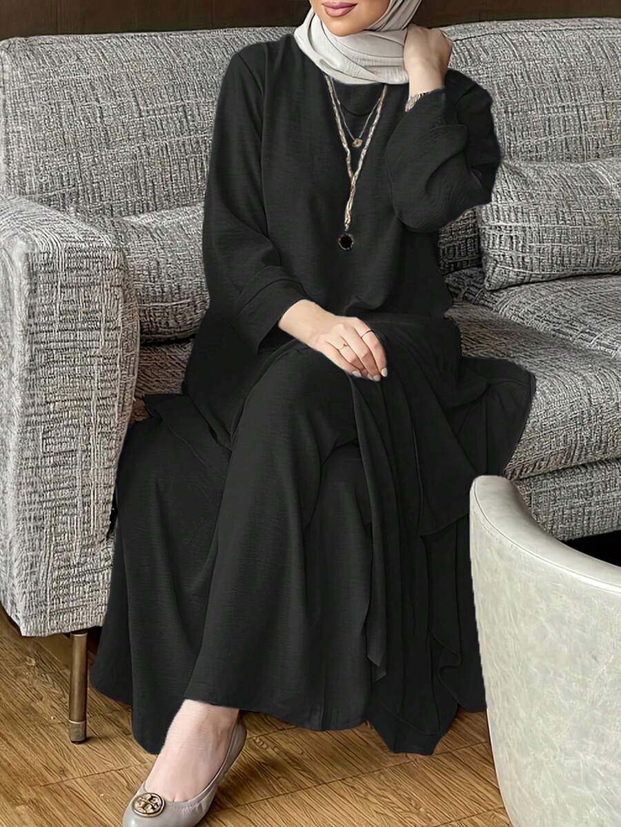 女式优雅纯色长袖不对称下摆上衣和长裤两件套,春夏 - 黑色 - 查看 1