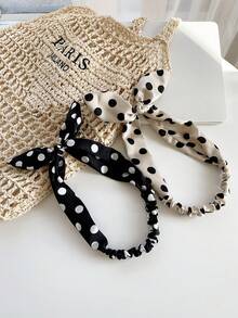 1 件优雅兔耳头带，黑白波尔卡圆点蝴蝶结设计，高品质缎面时尚头饰，百搭女士发饰配饰，蝴蝶结配饰，学校用品，学院风，头带秋季配饰