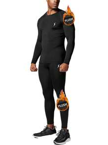 2 Pieces SPORT Men's Thermal Plush Base Layer Set - 24H Heat Retention Black Workout Clothes For Skiing Hiking,Black Workout Clothes For Cycling, Running & Outdoor Training. - Black - View 3