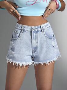Jeanoix 高腰毛边下摆斜口袋休闲牛仔短裤 - 淺色水洗藍 - 查看 5