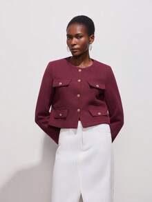 女士优雅休闲粗花呢夹克春秋时尚圆领装饰长袖纯色外套 - 酒紅色 - 查看 6