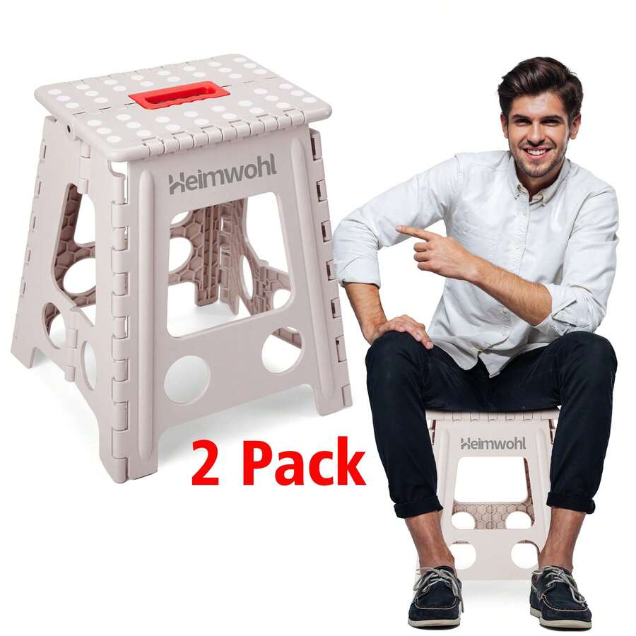 2 Pack 40 Cm Folding Step Stools, 2025 Upgrade Folding Stool With Safety Lock & Rotary Handle, Foldable Stool With 150 Kg Weight Capacity, Non-Slip For Kitchen, Bathroom, Camping, Garden & Horse - Beige - 深灰色 - 查看 1