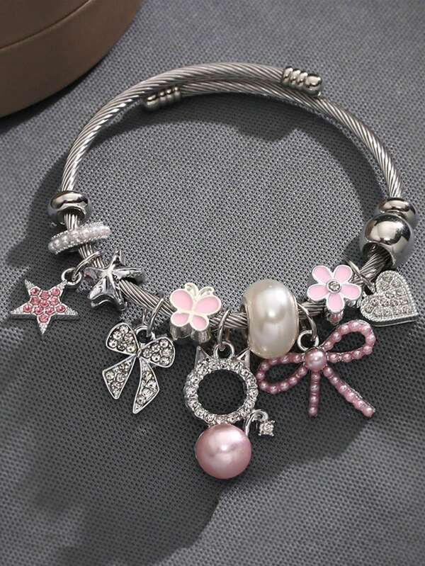 1pc Elegant Cute Beaded Charm Bracelet With Cat & Bow Pendant, Ideal Friendship Gift, Everyday Wear, Suitable For Women, Holiday, Beach, Date, Music Festival, Party