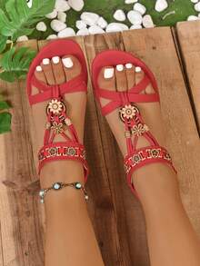 女士平底凉鞋，时尚波西米亚风格交叉复古装饰休闲凉鞋，复古图案轻便舒适户外休闲百搭凉鞋