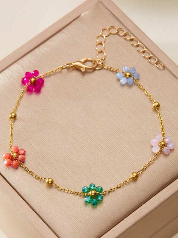 1pc Ins Flower Beads Gold Color Bracelet, Suitable For Girls In Daily Life, Festival, Party, Vacation, Gift