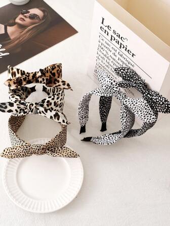 1pc Multicolor Polyester Bow Cute Style Leopard Print Headband, Non-Slip And Easy To Clean, Suitable For Daily Commute Or Facial Mask Use, Hair Band, Diadema, Hair Hoop