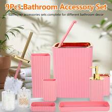 9-Piece Set Of Gold Bathroom Accessories, Pink Bathroom Accessory Set, Equipped With Toothbrush Holder, Mouthwash Cup, Soap Dispensing Bottle, Tray, Soap Box, Press Open Trash Can, Toilet Brush Home Bathroom Decor Bathroom Accessories Bathroom Organizer Summer Back To School - 粉色 - 查看 3