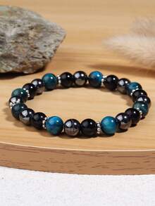 天然蓝虎眼石和熔岩石男士保护手链 - 力量、勇气、赤铁矿疗愈冥想精神珠宝礼物，适合女性和男性
