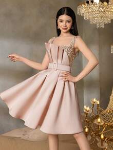 Alisa&Leo Teen Girls' Midi Graduation Dress - Asymmetrical Design With Glittering Sequin Bodice, Satin-Like Skirt & Adjustable Waist Belt For Graduation Proms, Wedding Guest Outfits, High-End Galas & School Formal Events - 淺粉色 - 查看 4
