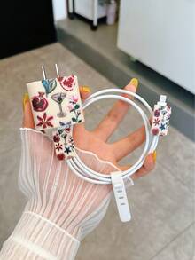 Pomegranate & Flower Splice Pattern Charger Case With Cable Winder, Durable TPU Data Cable Protective Cover Compatible With Apple 16/15, 14 Pro Max, 13, 12, 11 Nan Cable Protector Charger Accessories Phone Accessories - Multicolor - View 2