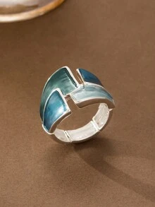 Cring Coco 1pc Women's Elegant Vintage French Style Enamel Geometric Green Zinc Alloy Elastic Ring, Versatile For Daily Wear, Parties, Celebrations - Geometry - View 18