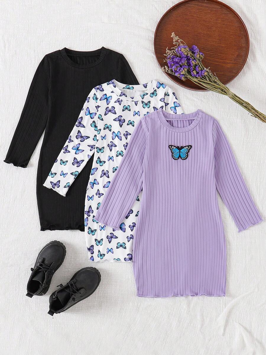 3pcs/Set Young Girls Butterfly Allover Print Solid Color Fitted Cute Long Sleeve Dress