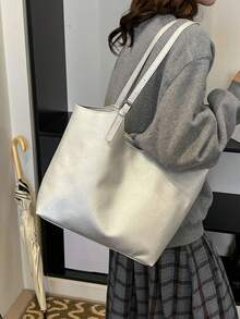 时尚单肩包，褶皱纯色清新手提包，腋下设计，春秋新品 - 銀色 - 查看 2