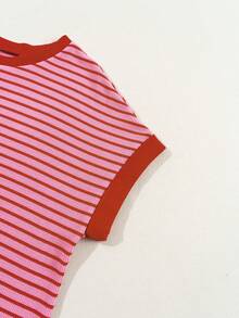 Acelitt Camiseta de punto de cuello redondo de manga corta y hombros descubiertos a rayas, talla grande, color rosa verano - Rosa - Ver 7