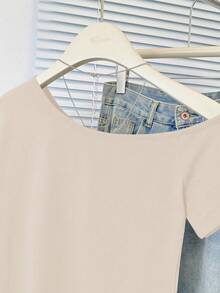 修身不对称肩部短袖露脐上衣 - 杏色 - 查看 10