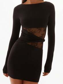 Women Summer Bodycon Dress Casual Lace Patchwork Twisted Waist Long Sleeve Mini Dress For Cocktail Streetwear - 黑色 - 查看 1