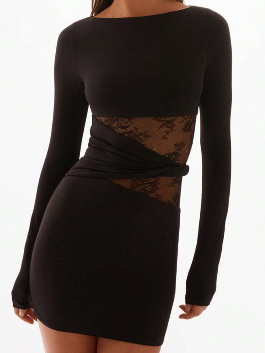 Women Summer Bodycon Dress Casual Lace Patchwork Twisted Waist Long Sleeve Mini Dress For Cocktail Streetwear - 黑色 - 查看 1