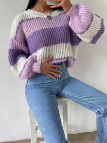 1 buah Sweater Pullover Tebal Kasual untuk Anak Perempuan, Atasan Rajut Bergaris Ungu yang Nyaman & Lembut, Musim Gugur/Dingin - Purple - View 6
