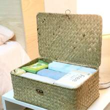 Natural Woven Storage Box With Lid, Handmade Textured, Rustic, Includes Wooden Cover For Dust Protection And Privacy, Large Capacity For Storing Underwear, Stationery, Suitable For Bedroom, Living Room, Creates A Pastoral Ambiance. Natural Material, And Durable, Keeps Desktops/Closets Tidy, Practical And Decorative Storage Solution