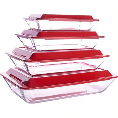 Set Of 8 Nesting Tempered Glass Bakeware Pieces Includes 4 Glass Baking Dishes And 4 BPAFree Lids. Suitable For Oven Refrigerator And Dishwasher Use.