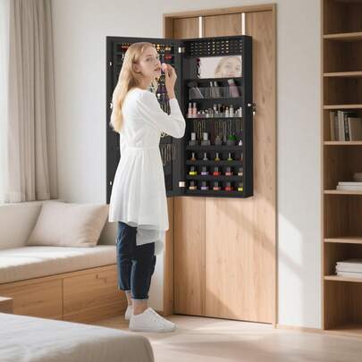 LILIIN 2-In-1 Jewelry Cabinet Hanging Wall Mounted Lockable Mirrored Cabinet Mirror Jewelry Cabinet 107.5 X 36.5 X 9.5 Cm Jewelry Storage Wall Cabinet, White, Black