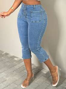 Women's Slim Fit Jeans - 7 Point Long Skinny Jeans Are Comfortable And Casual For Everyday Wear. - 中等水洗藍 - 查看 3