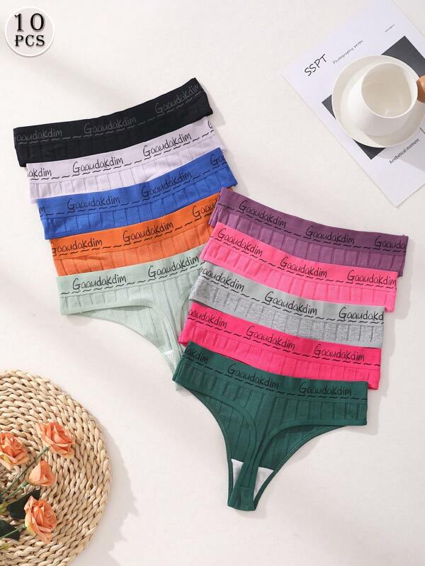 10 piezas de bragas de mujer con diseño de letra sexy, de cintura baja, sin costuras, acanaladas de algodón, para uso diario, deportes, yoga, suaves, transpirables y cómodas, ropa interior y lencería